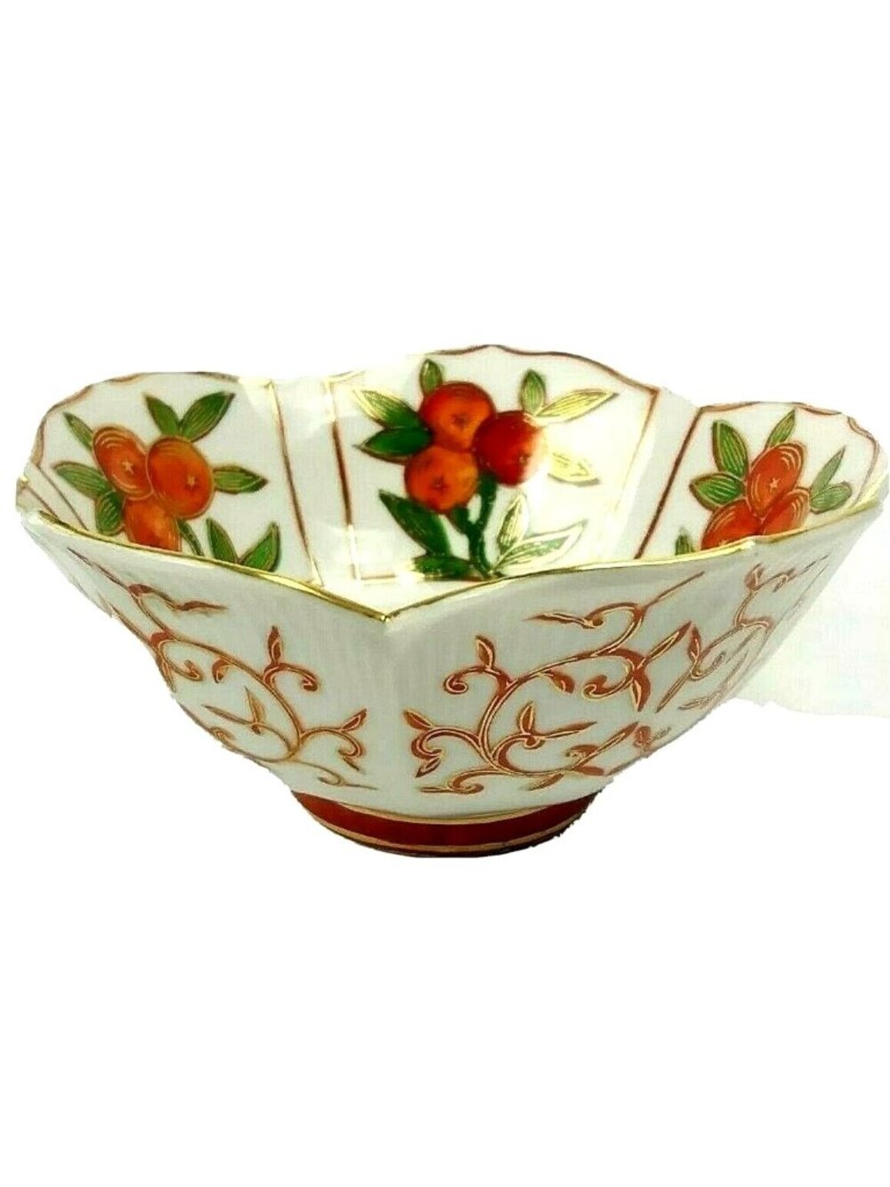 Vintage Asian Noodle Bowl Porcelain Orange Kumquat Leaves Scalloped Edges